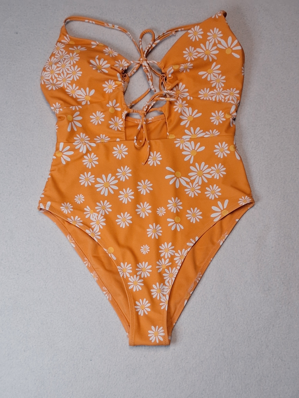 Orange Floral One-Piece Swimsuit with Lace-Up Front